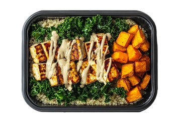 Vegetarian Bowl, Quinoa base with grilled tofu, roasted sweet potatoes, kale, and a drizzle of tahini sauce in a black plastic rectangular parcel box isolated on transparent background