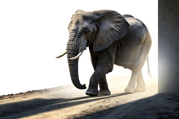 Obraz premium elephant walking out of the shadow into the light digital wildlife art white Background Ai generate.