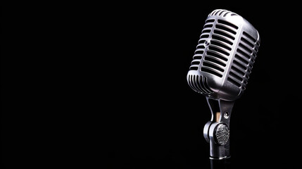 Vintage microphone stands elegantly against black background, symbolizing music and performance