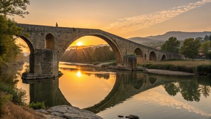 Ancient Stone Bridge at Sunrise with River Reflection