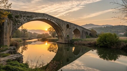 Obraz premium Ancient Stone Bridge at Sunset Over Calm River