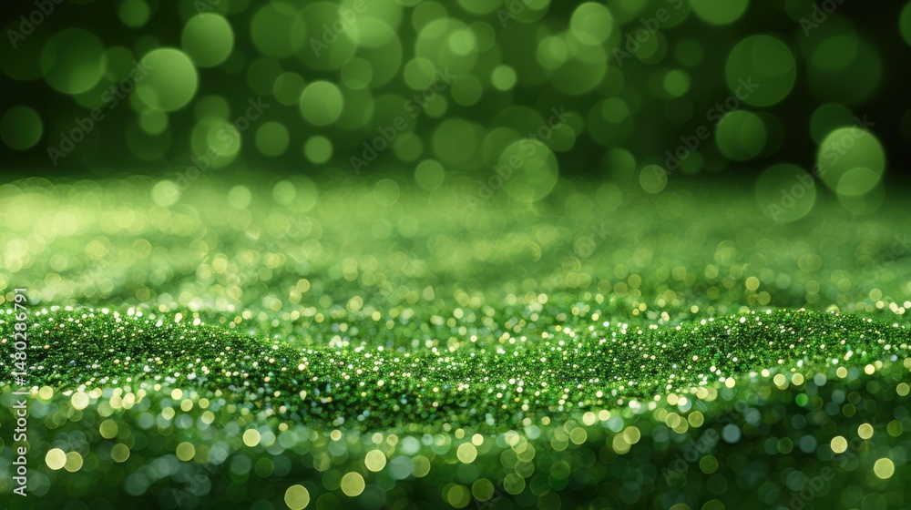 Poster abstract green particle bokeh on a dark green background, floating softly with depth