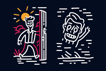 Naklejka premium Person Emerging from Door with Background of Sun and Water Illustration