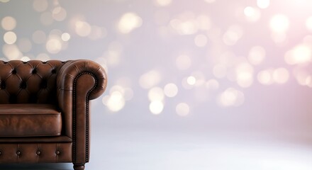 brown leather chesterfield sofa isolated on the left under vivid illumination, plenty of copy space on the right. , dreamy bokeh background of soft pastel lights