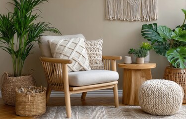A modern living room interior design with a woven armchair, wooden planks, and a straw macrame hanging on the beige wall decorated with potted plants in natural colors.