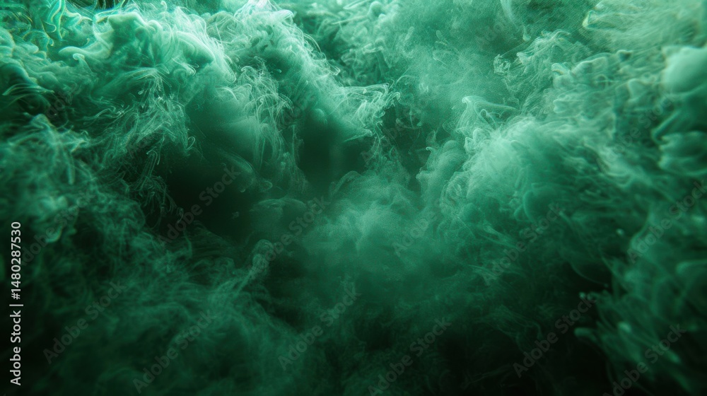 Poster abstract green particle bokeh on a dark green background, floating softly with depth