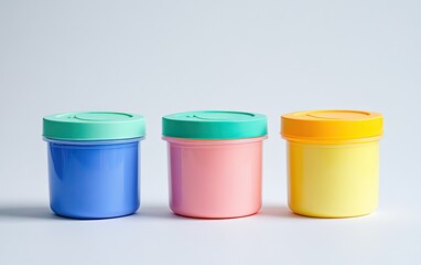 Three colorful, cylindrical containers with lids