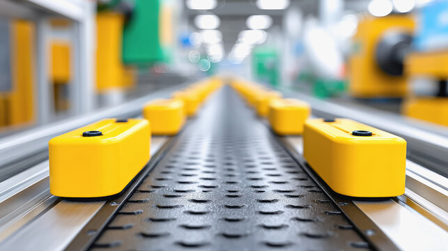 Industrial manufacturing plant featuring a convey system with bright yellow plastic containers for efficient production
