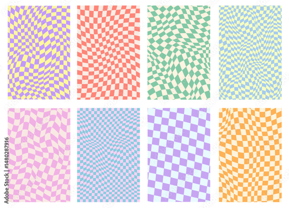 Aufkleber Set Of Groovy Checkered Textures Vector Design. Collction of Abstract Psychedelic Funky Patterns. Pop Art Geometric Backgrounds.