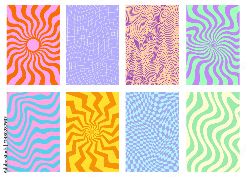Aufkleber Set Of Groovy Psychedelic Patterns Vector Design. Collection of Abstract Geometric Funny Playful Backgrounds. Trippy Textures.