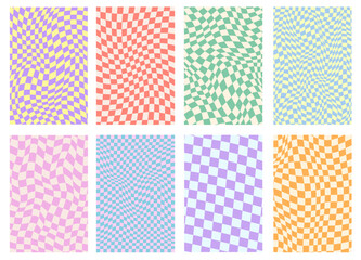 Set Of Groovy Checkered Textures Vector Design. Collction of Abstract Psychedelic Funky Patterns. Pop Art Geometric Backgrounds.