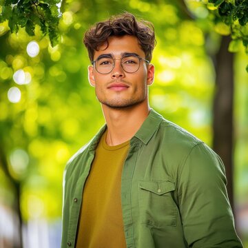 Young man with glasses in green shirt surrounded by lush greenery