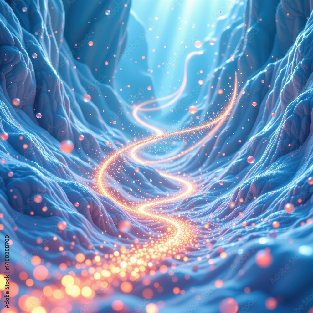 Poster imagine a mesmerizing 3d illustration where a cascade of gradient abstract glowing particles dances 