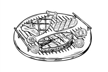 Grilled seafood and vegetables on round grill grid line art black ink sketch. Monochrome fish, squid, onion, tomato, zucchini on wire rack. BBQ vector illustration culinary blogs, restaurant menus.
