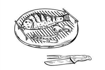 Whole grilled Mediterranean fish on round grill grid, grilling tools line art black ink sketch. Monochrome mullet or sea bream on wire rack, Kitchen accessory vector illustration. BBQ seafood