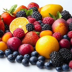 Obraz premium Assorted fresh fruits strawberries blueberries plums and oranges