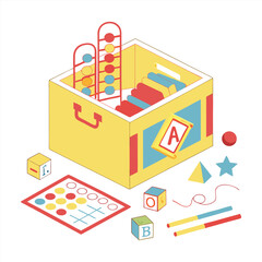 A toy box filled with white background educational toys.