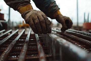 Construction Worker Handling Reinforcement Steel Bars