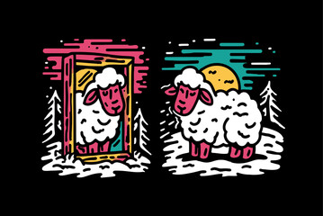 Whimsical Illustration of Sheep with a Mirror Reflection Concept