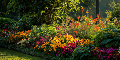 Vibrant flowerbed in a lush garden. Decorating your outdoor area with blooming flowers.