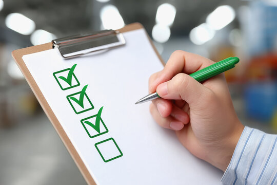 Individual writing on a clipboard during a quality control process in a manufacturing environment for product assessment