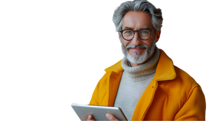 Smiling man using tablet.