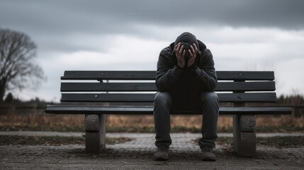 A person in despair sitting on a park bench under a cloudy sky.