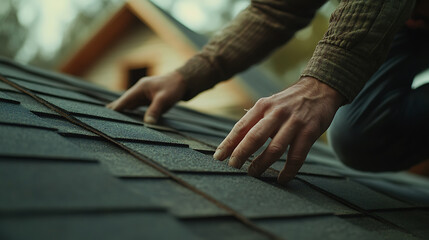Hands Installing Roof Shingles on a House
