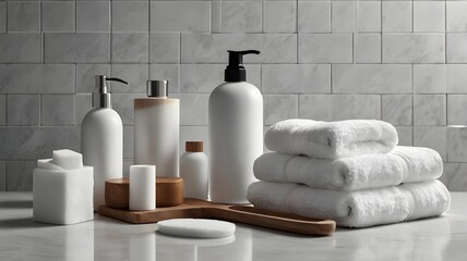 Cut-out style image on white background: rolled white hotel towels with mini shampoo bottles, bar soap in ceramic dish, toothbrush and cotton pads,Generative Ai
