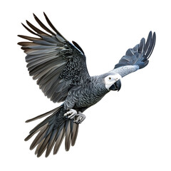 Fototapeta premium Grey parrot in flight, showcasing intricate feather details.