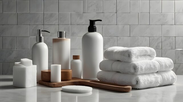 Cut-out style image on white background: rolled white hotel towels with mini shampoo bottles, bar soap in ceramic dish, toothbrush and cotton pads,Generative Ai
