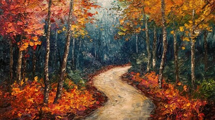 Obraz premium Autumnal forest path winding through colorful trees.