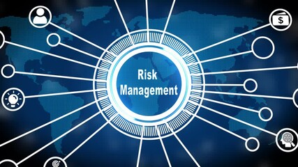 Animated risk management graphic with world map background demonstrating strategy and security - Powered by Adobe