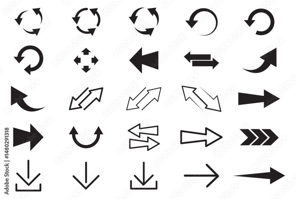Leinwandbilder arrows icons set, modern simple flat black vector pointer signs. arrow icon set for forward click bu