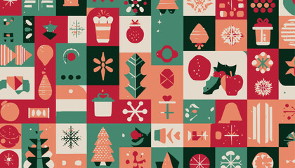 Christmas Geometric Seamless Pattern � Holiday Icons in Red, Green, and Gold for Wrapping Paper and Backgrounds