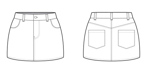 Denim Skirt Mini Skirt- Front and Back View - Flat Vector Illustration- CAD Mock-up 
