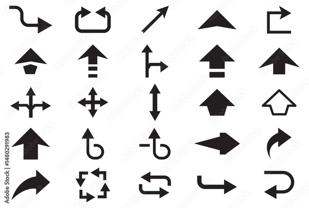 Fototapete Set arrow icons. Collection different arrows sign. Set different cursor arrow direction symbols in flat style. Black arrows icons – stock vector