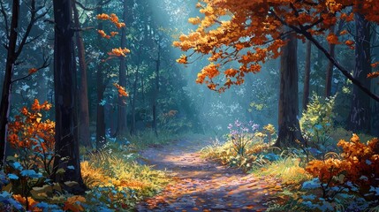 A sunlit autumnal forest path.