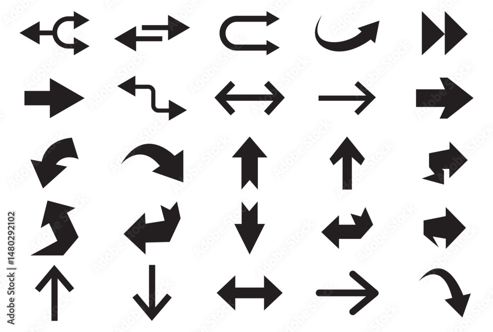 Fototapete Set arrow icons. Collection different arrows sign. Set different cursor arrow direction symbols in flat style. Black arrows icons – stock vector