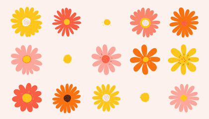 Obraz premium Hippy Groovy Daisy Flowers Set � Retro 60s and 70s Style Hand-Drawn Decorative Elements in Pastel Colors for Kids Decor