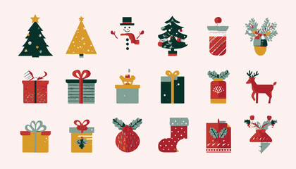 Obraz premium Minimalist Christmas Geometric Icons Set � Xmas Tree, Snowman, Gifts, Deer, and Holiday Decorations in Modern Flat Style