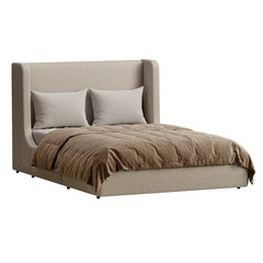 A bed with a brown comforter and pillows