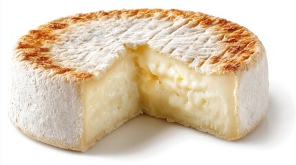 Close up of Soft Cheese Wheel with Cut Section on White Background Studio Shot Food Photography