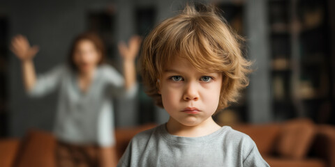 Angry annoyed child looking at the camera with their parent shouting in the background. Irritated displeased kid in a living room. Parent-child relationships, parenting issues.