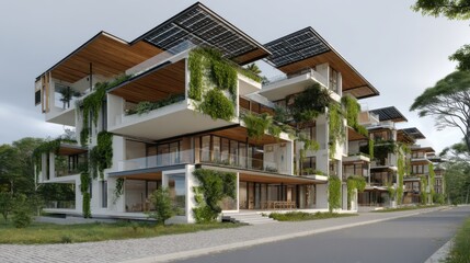 Modern Eco-Friendly Apartment Building Exterior with Solar Panels and Greenery from Low Angle on Street