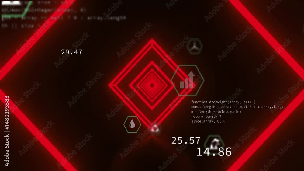 Poster red nested diamond structure moving toward center displaying floating green hex icons and code