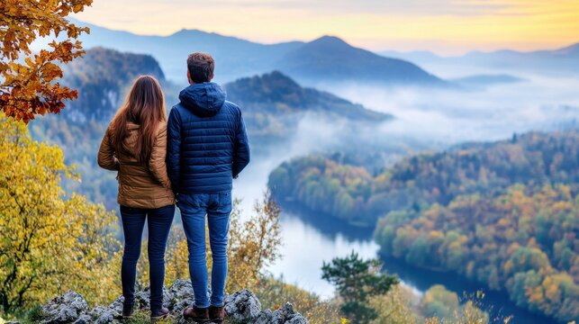 Romantic Couple Overlooking Autumn Landscape with River and Mountains