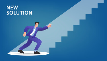 Obraz premium New solution and business innovation concept. A businessman in a spotlight is stepping onto a staircase of light, a path to success. A vector for strategy, problem-solving, and a new beginning.