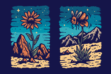 Colorful Flower and Bee Illustration in Retro Style Shirt Design