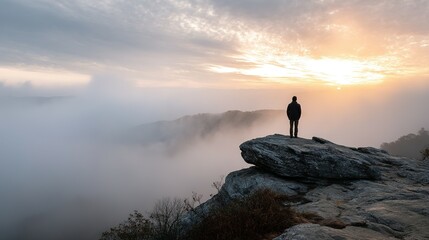 Fototapeta premium Silhouette of person atop a rocky summit during sunrise.